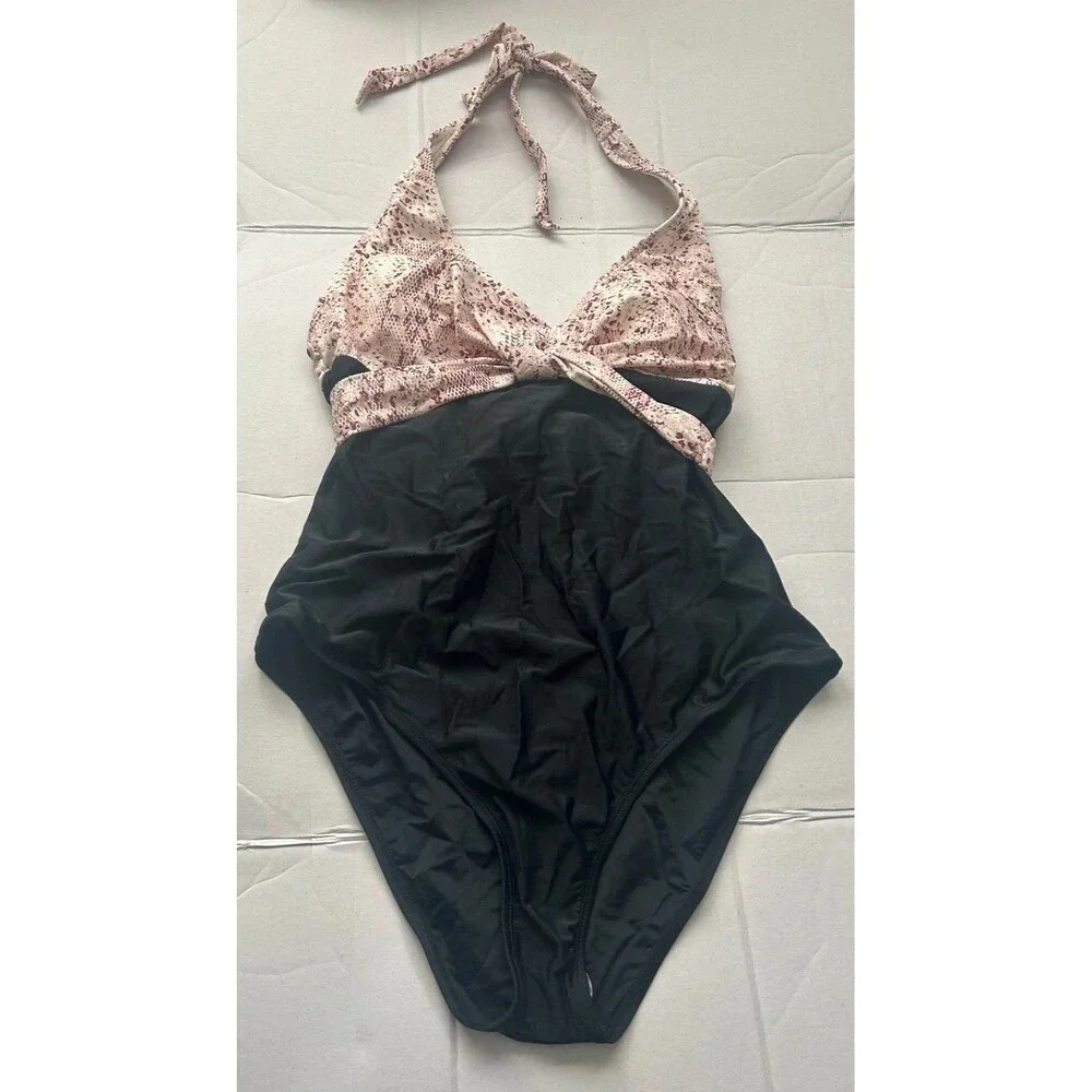 Cupshe Womens Halter One Piece Swimsuit XL Bathing Suit Black & Pink Snake Print